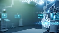 Futuristic medical operating room with holographic heart display and advanced surgical equipment for healthcare technology and digital medicine applications.
