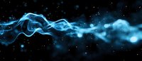 Glowing blue smoke trail with bokeh light effects and particles floating in dark space, creating mystical atmospheric abstract background.