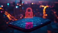 Glowing red padlock hologram above smartphone with digital security interface, dramatic urban bokeh background creates cybersecurity concept atmosphere.