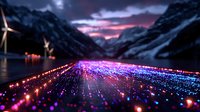 Magical illuminated pathway with colorful light trails leading to snow-capped mountains at dusk, glowing purple and blue lights reflect on lake surface creating dreamy atmosphere.