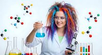 Young female scientist with colorful hair conducting chemistry experiment in laboratory with molecular models and test tubes on white background.