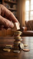 Close-up of male hand placing wooden block on stacked coins, symbolizing financial stability, investment growth, and wealth management in home office setting.