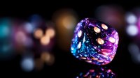 Glowing translucent dice with pink and blue gradient colors floating on dark background with bokeh lights, showing lucky number five side facing camera.