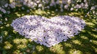Heart-shaped arrangement of purple lilac petals on moss-covered ground with dappled sunlight creating romantic spring garden scene for wedding decor.
