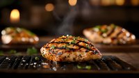 Juicy grilled chicken breast with grill marks and seasonings on dark background with steam rising and bokeh lights, garnished with fresh herbs and sea salt.