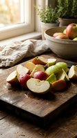 Fresh sliced apples on wooden cutting board in bright kitchen with natural sunlight streaming through window for healthy cooking and meal preparation.