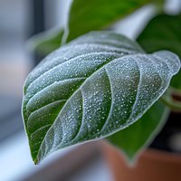 Fresh green leaf with morning dew drops, macro photography showing detailed water droplets on textured plant surface in soft natural light.