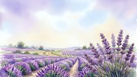Watercolor lavender field landscape with rolling hills and purple flowers in soft pastel tones for relaxation and aromatherapy designs.