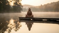 Young woman meditating in lotus pose on wooden dock at misty lake during golden hour sunrise, peaceful mindfulness and wellness retreat concept.
