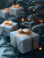 White gift box with golden ribbon under decorated Christmas tree with glowing lights. Festive winter holiday composition in moody dark blue tones.