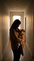 Young mother holding newborn baby in warm hallway light creating tender bonding moment at home during golden hour for family lifestyle content.