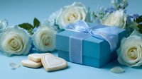 Elegant blue gift box with satin ribbon surrounded by white roses and heart-shaped cookies on soft blue background, perfect for romantic occasions.