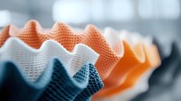 Colorful wavy textured material in orange, white and blue creates abstract pattern with selective focus. Modern design background for creative projects.