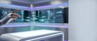 Businessman hand touching holographic circuit board and digital network connection in futuristic laboratory environment for technology innovation and artificial intelligence development.