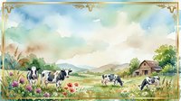 Watercolor pastoral scene with black and white dairy cows grazing in green meadow near rustic barn under soft cloudy sky with decorative golden border frame.