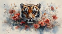 Majestic tiger portrait surrounded by delicate red watercolor flowers and blue splashes on beige background, artistic wildlife illustration in soft pastel tones.