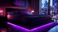 Modern bedroom interior with purple LED lighting under floating bed platform, dark bedding, and city night view through panoramic windows.