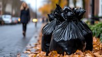 Black garbage bags on autumn street with fallen leaves and blurred female figure walking in background, urban waste collection scene on rainy day.