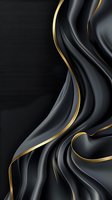 Elegant black silk fabric with golden edges flowing in smooth waves against dark background for luxury design projects and premium branding materials.
