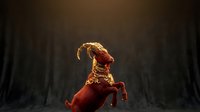 Fierce red dragon creature with golden horns breathing fire in dark atmospheric fantasy setting for gaming and entertainment projects.