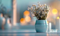Small white dried flowers in turquoise ceramic vase against blurred bokeh background with warm golden lights creating cozy atmosphere for home decor.