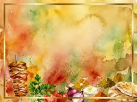 Autumn harvest feast background with roasted turkey, pumpkins, herbs and seasonal vegetables on warm watercolor texture for Thanksgiving designs.