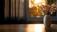 Dried flowers in minimalist gray vase on wooden table near window at sunset, creating warm atmospheric mood with natural golden light and soft shadows.