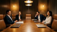 Business professionals in corporate boardroom meeting discussing strategy around wooden conference table with warm lighting and modern interior design.