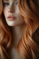 Close-up portrait of young woman with flowing copper hair, freckled skin, and blue eyes against neutral background for beauty and fashion advertising.