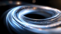 Glowing blue light spiral with sparkles on dark background creates dynamic motion effect, suitable for technology and innovation concepts.