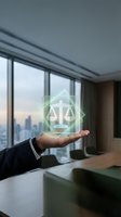Legal services and justice concept. Male professional hand holding glowing scales of justice hologram in modern office with city skyline view for law firm, attorney, compliance, and regulation.