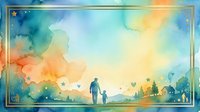Adult and child walking together through scenic landscape at sunset, silhouetted against colorful sky with warm orange and cool blue tones, surrounded by trees and nature for family bonding themes.