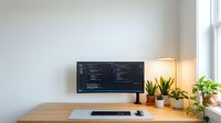 Modern home office desk with ultrawide monitor displaying code, warm lamp light, and green plants on wooden surface.