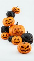 Stacked carved jack-o'-lantern pumpkins in orange and black with menacing expressions and happy greeting text on white background for seasonal holiday decorations.