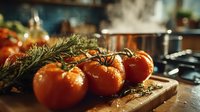 Fresh ripe tomatoes with rosemary herbs on wooden cutting board in modern kitchen setting. Culinary cooking ingredients for healthy meal preparation.