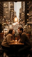Young Caucasian couple sharing a romantic candlelit dinner on a city terrace at dusk, with glowing bokeh street lights in the background.