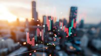 Financial market graph overlay on blurred urban cityscape during sunset, showing stock trading data and candlestick charts against modern skyscrapers.