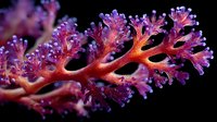 Vibrant pink coral branch with delicate purple tips against black background, showcasing intricate underwater marine life structure.