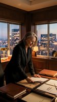Senior businesswoman reviewing documents in luxury corner office with city skyline view at evening. Executive leadership and corporate success concept.