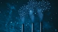 Glowing network connections emerge from industrial chimneys against dark sky, symbolizing digital transformation of industry and sustainable technology innovation.