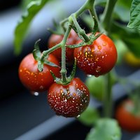 Fresh cherry tomatoes on vine with water drops, macro photography showing natural organic produce growing in garden. Perfect for food and agriculture themes.
