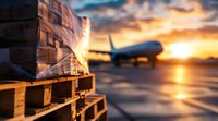 Cargo boxes stacked on wooden pallet at airport with commercial airplane silhouette against dramatic orange sunset sky, logistics and shipping concept.