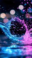 Dynamic water splash collision in blue and pink neon colors against dark background with glowing bokeh lights and droplets creating magical liquid art effect.