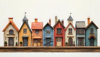 Row of colorful miniature houses with unique architectural details, chimneys and doors arranged on wooden surface, showcasing whimsical townhouse designs in vintage style.