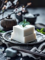 White soap bars with fresh green leaf on decorative plate, dark moody spa composition with orchid flowers and zen elements. Suitable for wellness advertising.