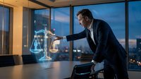 Professional businessman in dark suit interacting with holographic justice scales in modern office at twilight, representing legal technology and digital law.