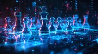 Glowing chess pieces in neon blue and pink colors against dark background with digital effects and reflections create futuristic gaming atmosphere.