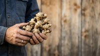 Farmer holding freshly harvested truffle mushroom in hands outdoors, agricultural produce and gourmet ingredient for cooking.