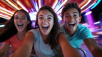 Young diverse friends taking selfie with excited expressions against colorful neon lights and motion blur background creating dynamic party atmosphere.