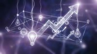 Upward trending arrow with glowing lightbulb and connected network nodes on purple background, representing business growth, innovation and financial success for corporate presentations.